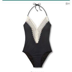 Sea Angel 1 Piece Swim Suit Black with Ivory Crochet Lace Halter Size XL Women's